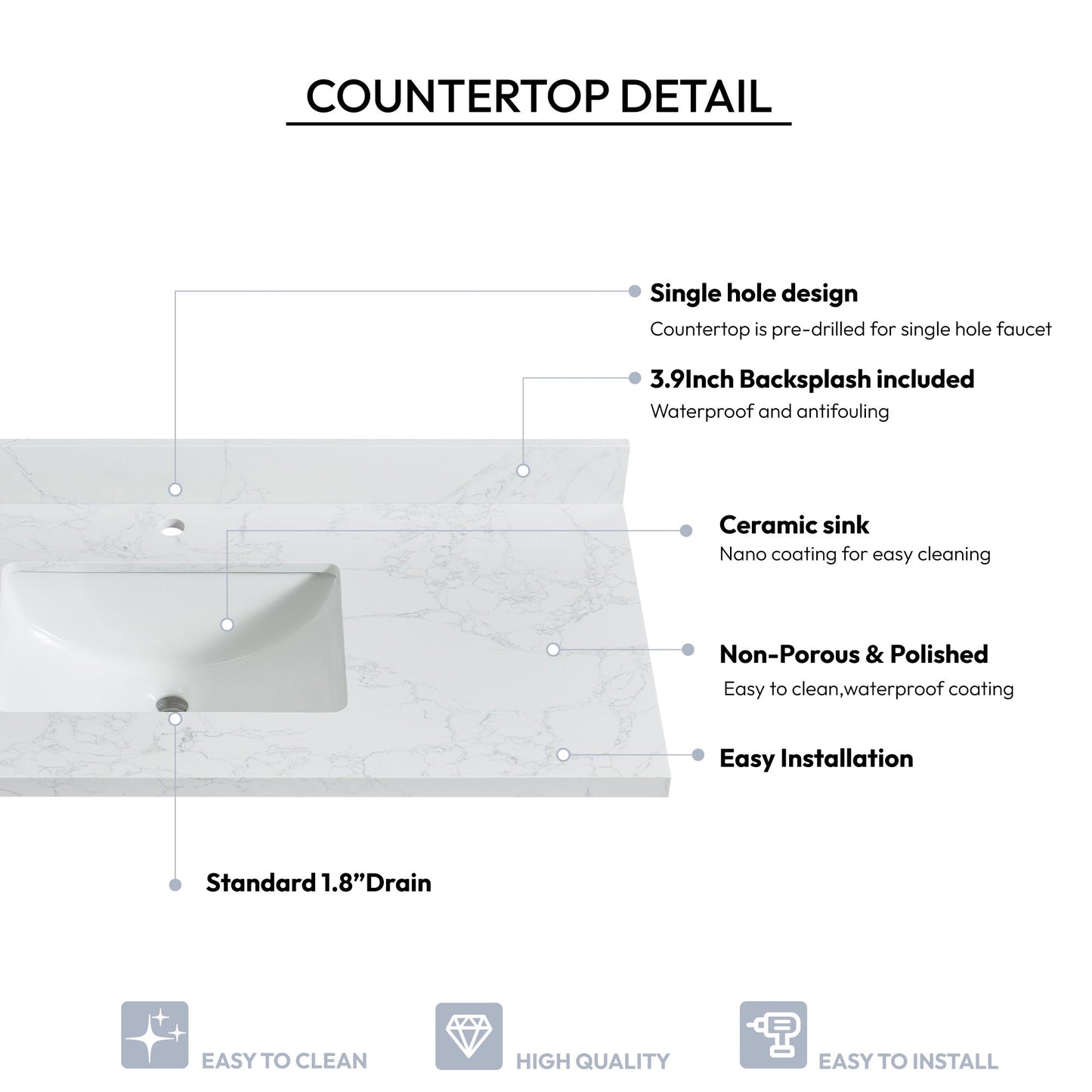 Vinnova, Malaga 49 in. W x 22 in. D Composite Stone Vanity Top in Grain White with White Rectangular Single Sink