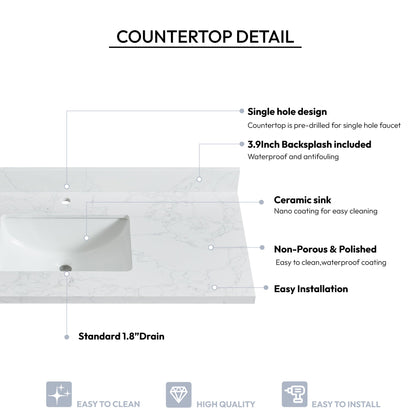 Vinnova, Malaga 49 in. W x 22 in. D Composite Stone Vanity Top in Grain White with White Rectangular Single Sink