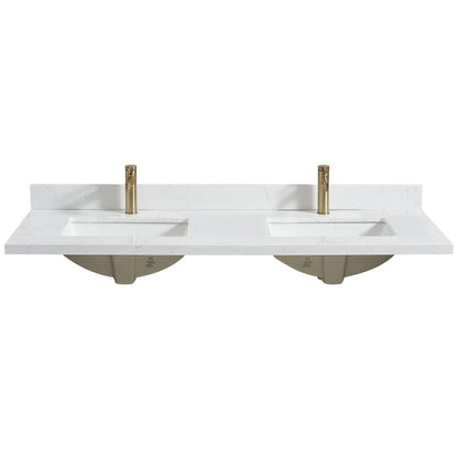 Vinnova, Malaga 61 in. W x 22 in. D Composite Stone Vanity Top in Grain White with White Rectangular Double Sink