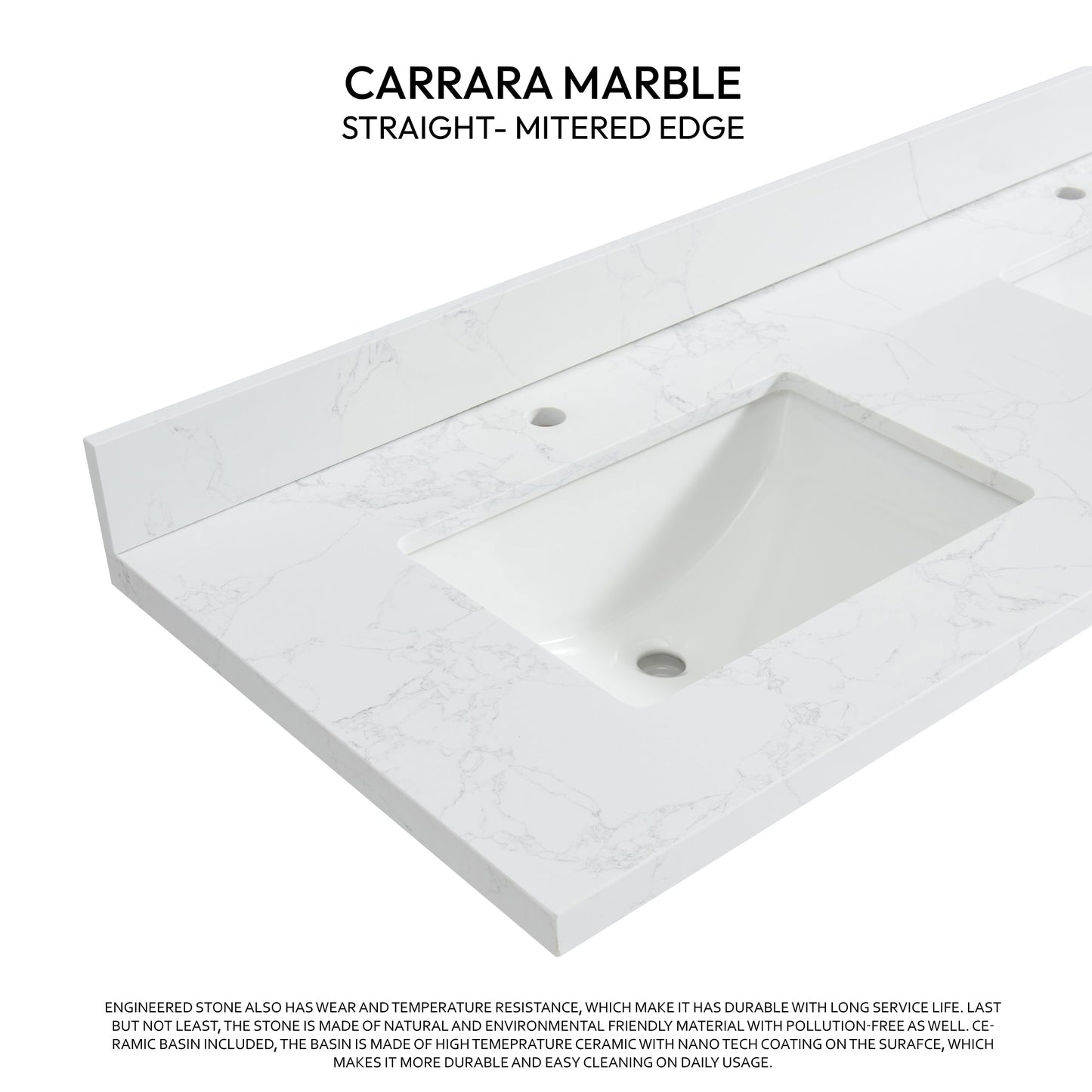 Vinnova, Malaga 61 in. W x 22 in. D Composite Stone Vanity Top in Grain White with White Rectangular Double Sink