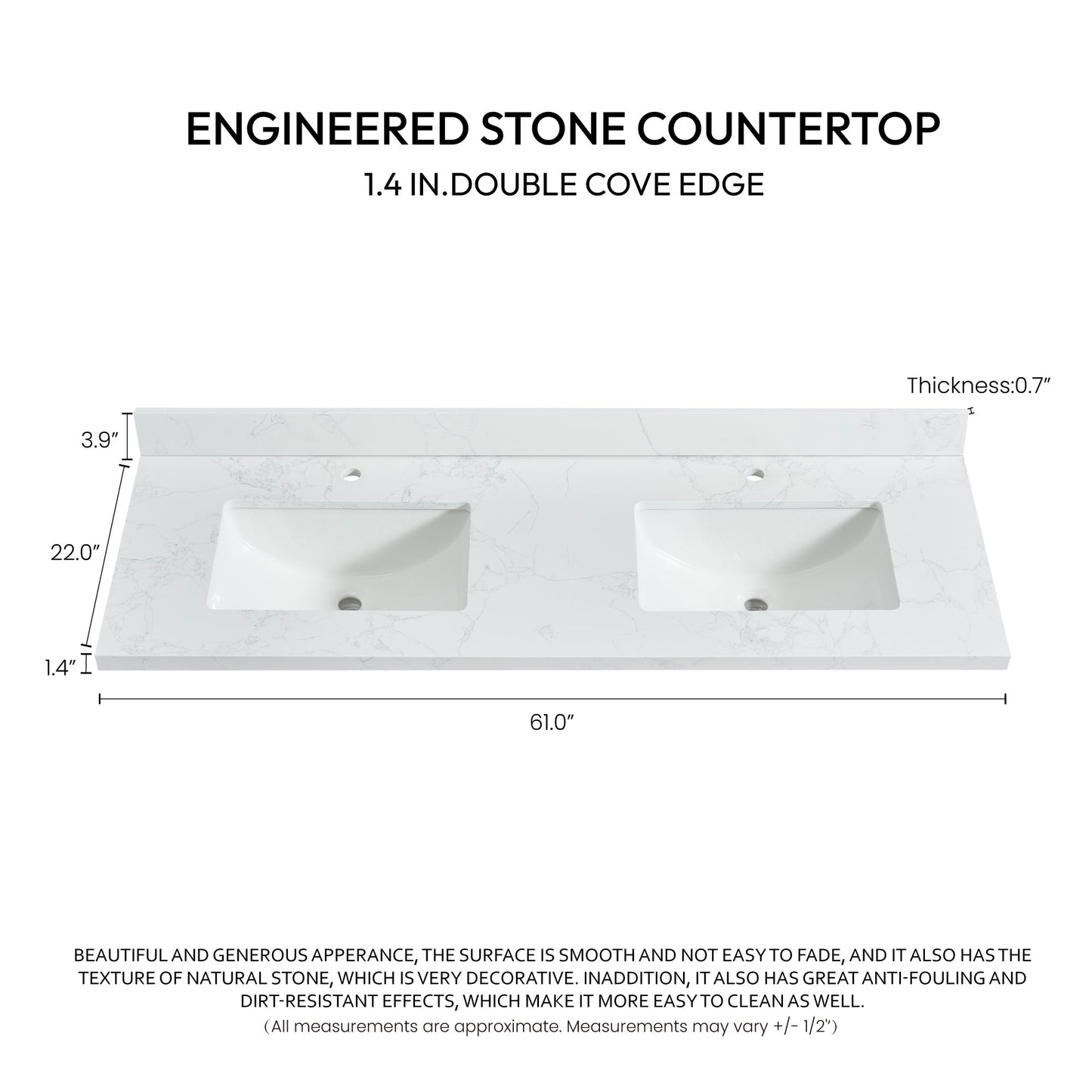 Vinnova, Malaga 61 in. W x 22 in. D Composite Stone Vanity Top in Grain White with White Rectangular Double Sink