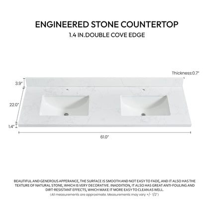 Vinnova, Malaga 61 in. W x 22 in. D Composite Stone Vanity Top in Grain White with White Rectangular Double Sink