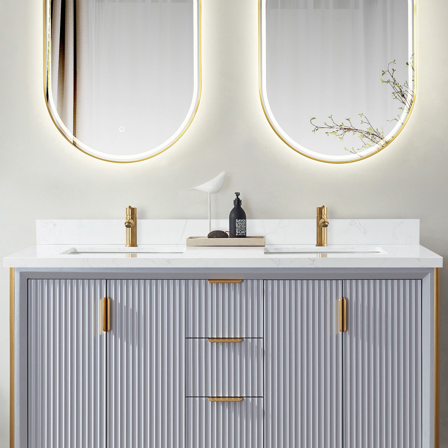 Vinnova, Malaga 61 in. W x 22 in. D Composite Stone Vanity Top in Grain White with White Rectangular Double Sink