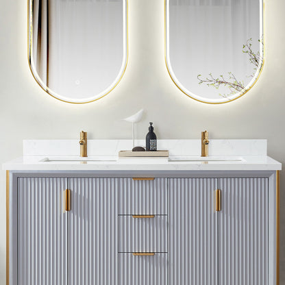 Vinnova, Malaga 61 in. W x 22 in. D Composite Stone Vanity Top in Grain White with White Rectangular Double Sink