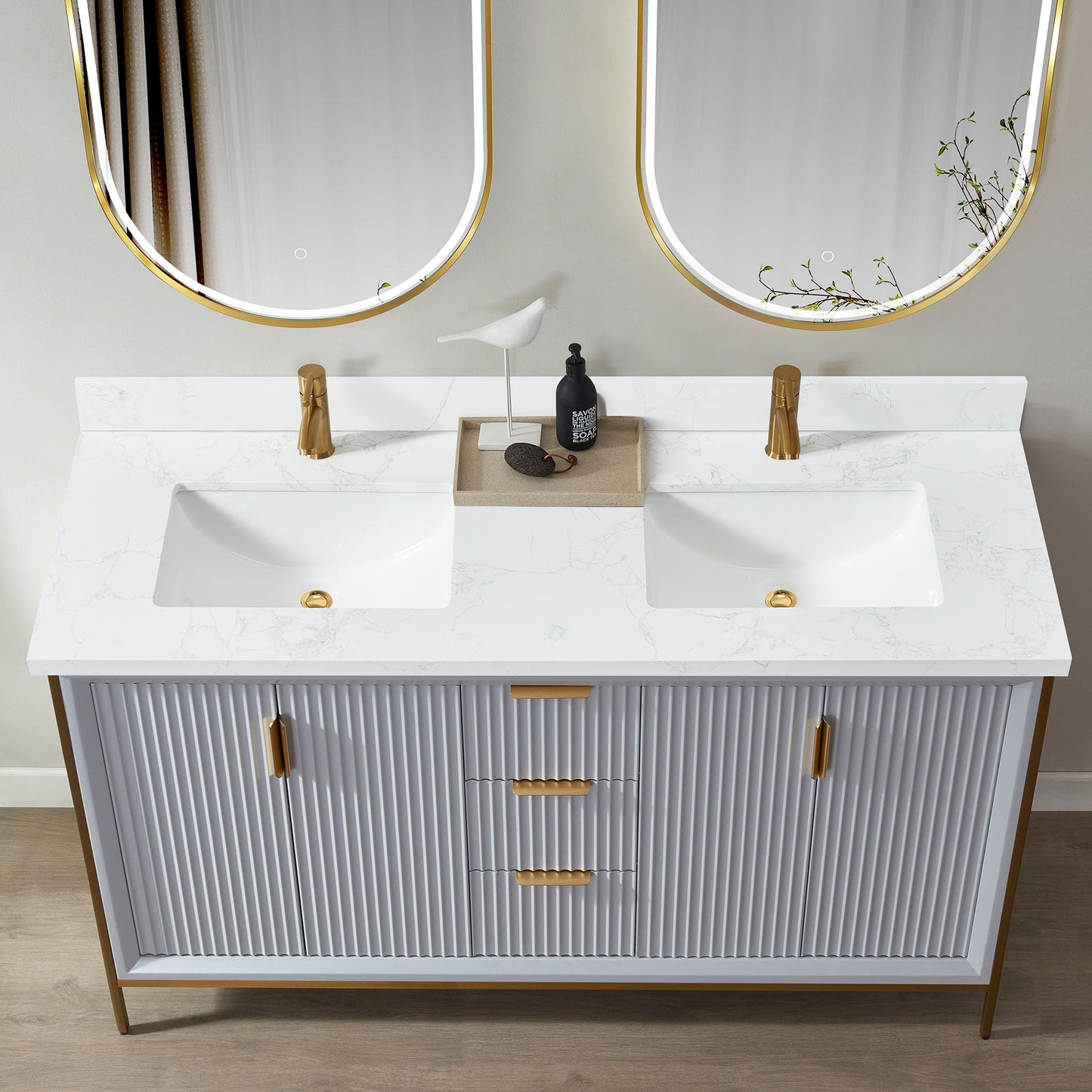 Vinnova, Malaga 61 in. W x 22 in. D Composite Stone Vanity Top in Grain White with White Rectangular Double Sink
