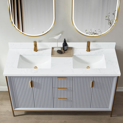 Vinnova, Malaga 61 in. W x 22 in. D Composite Stone Vanity Top in Grain White with White Rectangular Double Sink