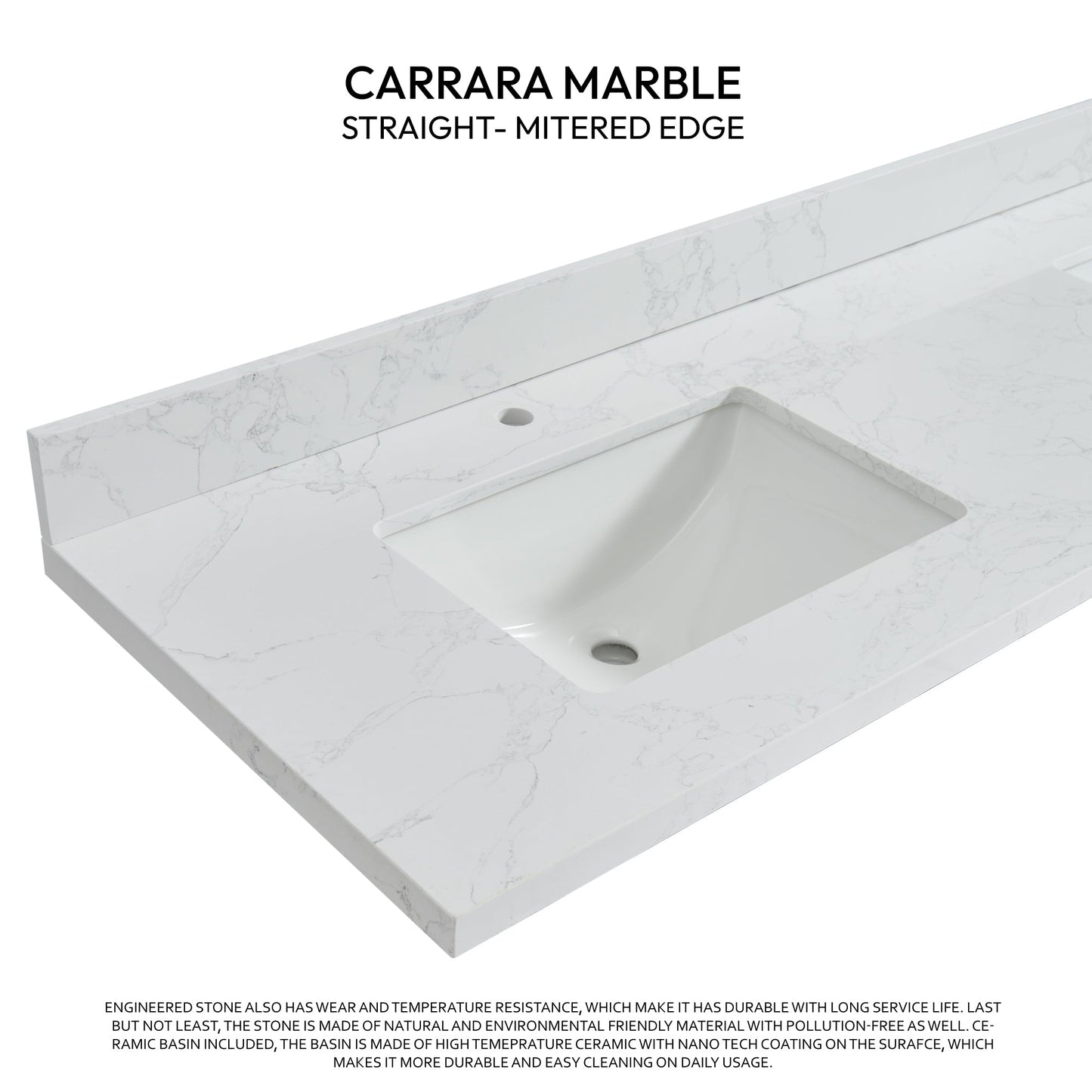 Vinnova, Malaga 73 in. W x 22 in. D Composite Stone Vanity Top in Grain White with White Rectangular Double Sink