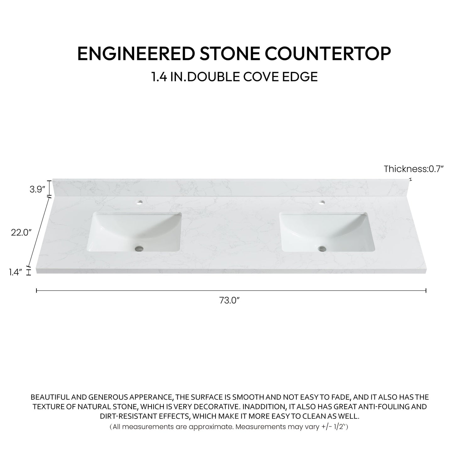 Vinnova, Malaga 73 in. W x 22 in. D Composite Stone Vanity Top in Grain White with White Rectangular Double Sink