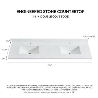 Vinnova, Malaga 73 in. W x 22 in. D Composite Stone Vanity Top in Grain White with White Rectangular Double Sink