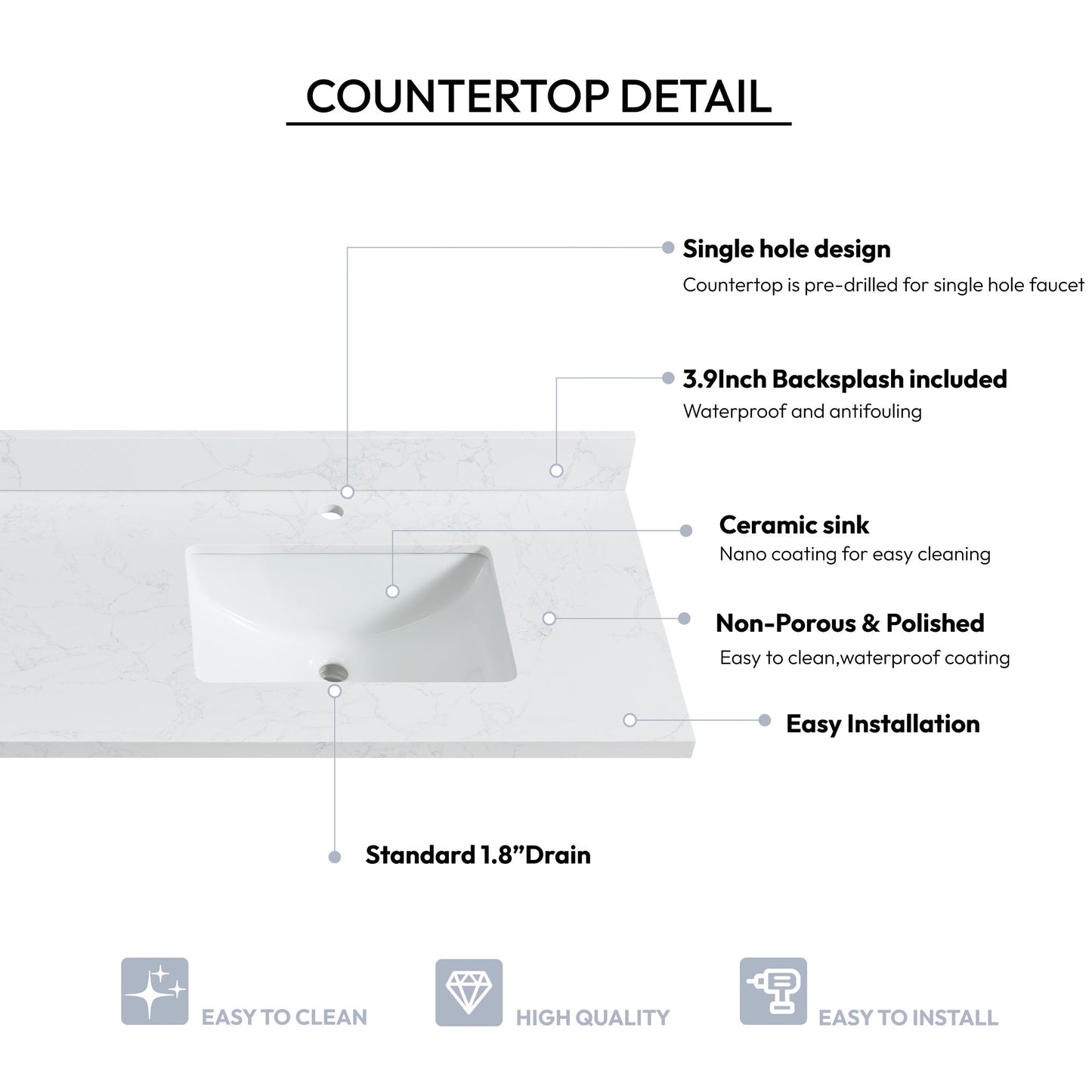 Vinnova, Malaga 73 in. W x 22 in. D Composite Stone Vanity Top in Grain White with White Rectangular Double Sink