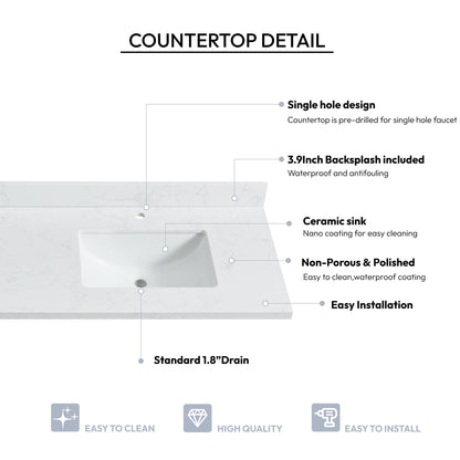 Vinnova, Malaga 73 in. W x 22 in. D Composite Stone Vanity Top in Grain White with White Rectangular Double Sink