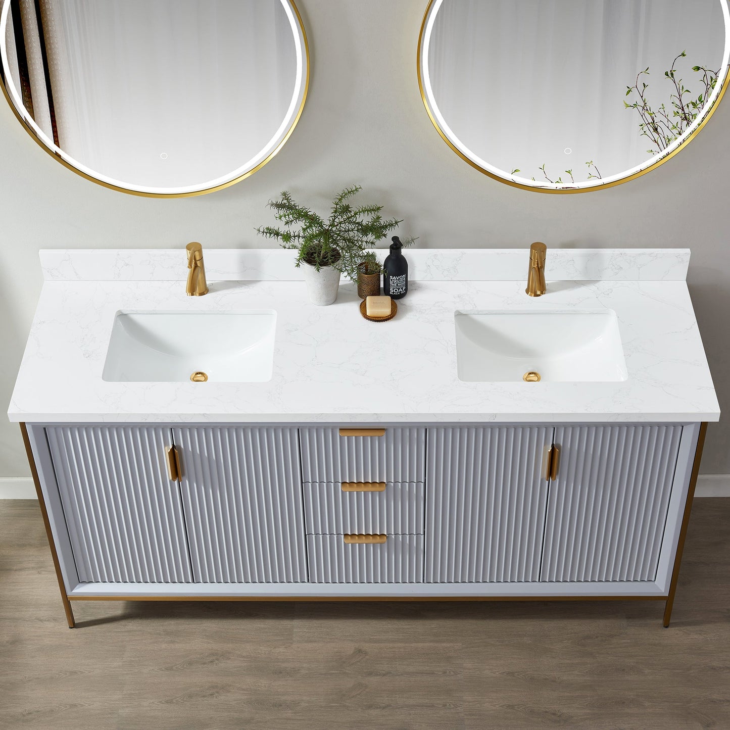Vinnova, Malaga 73 in. W x 22 in. D Composite Stone Vanity Top in Grain White with White Rectangular Double Sink
