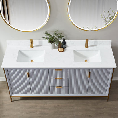 Vinnova, Malaga 73 in. W x 22 in. D Composite Stone Vanity Top in Grain White with White Rectangular Double Sink