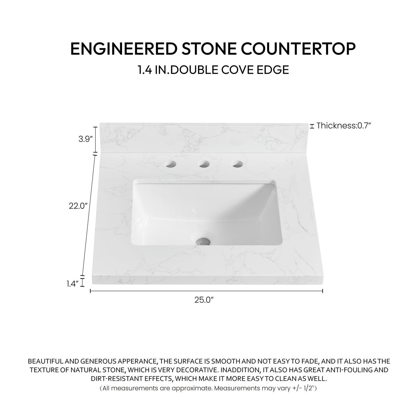 Vinnova, Jaen 25 in. W x 22 in. D Composite Stone Vanity Top in Grain White with White Rectangular Single Sink