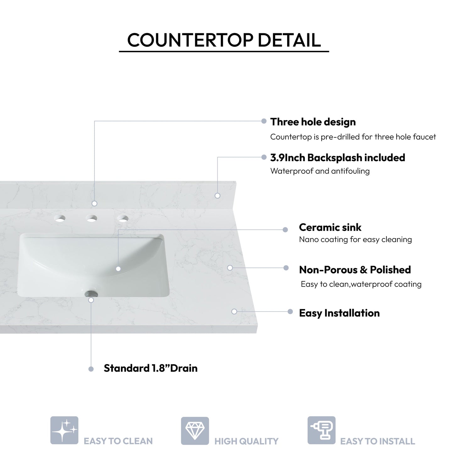 Vinnova, Jaen 37 in. W x 22 in. D Composite Stone Vanity Top in Grain White with White Rectangular Single Sink