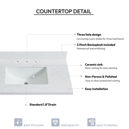 Vinnova, Jaen 37 in. W x 22 in. D Composite Stone Vanity Top in Grain White with White Rectangular Single Sink