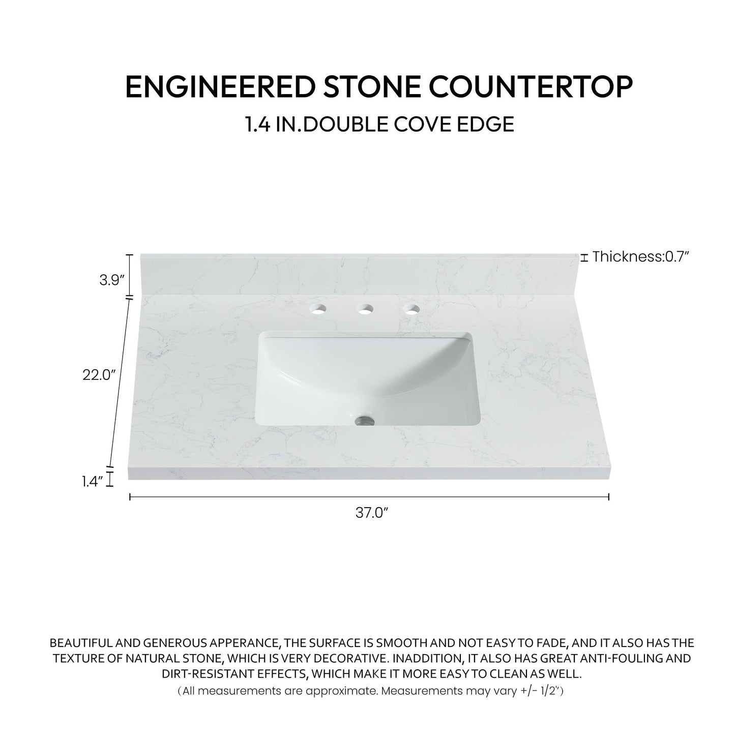 Vinnova, Jaen 37 in. W x 22 in. D Composite Stone Vanity Top in Grain White with White Rectangular Single Sink