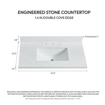 Vinnova, Jaen 37 in. W x 22 in. D Composite Stone Vanity Top in Grain White with White Rectangular Single Sink