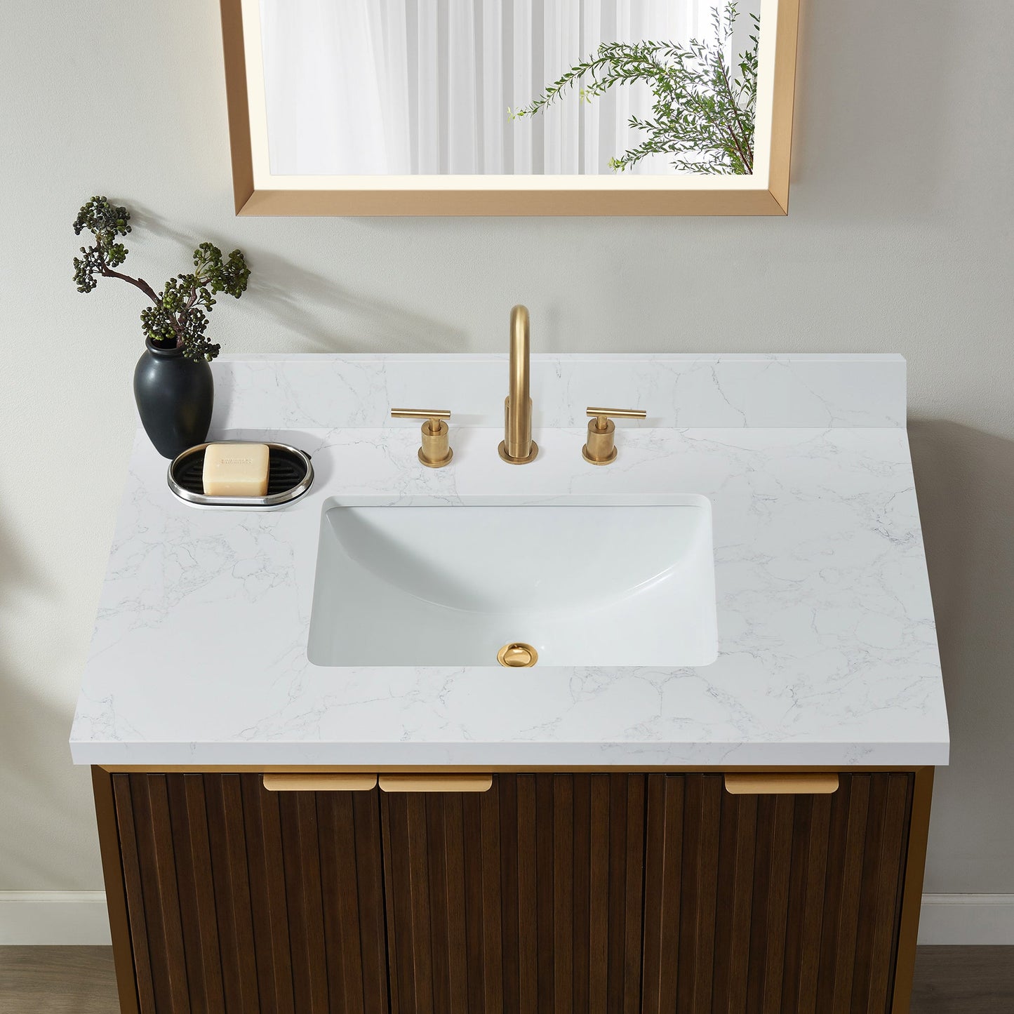 Vinnova, Jaen 37 in. W x 22 in. D Composite Stone Vanity Top in Grain White with White Rectangular Single Sink