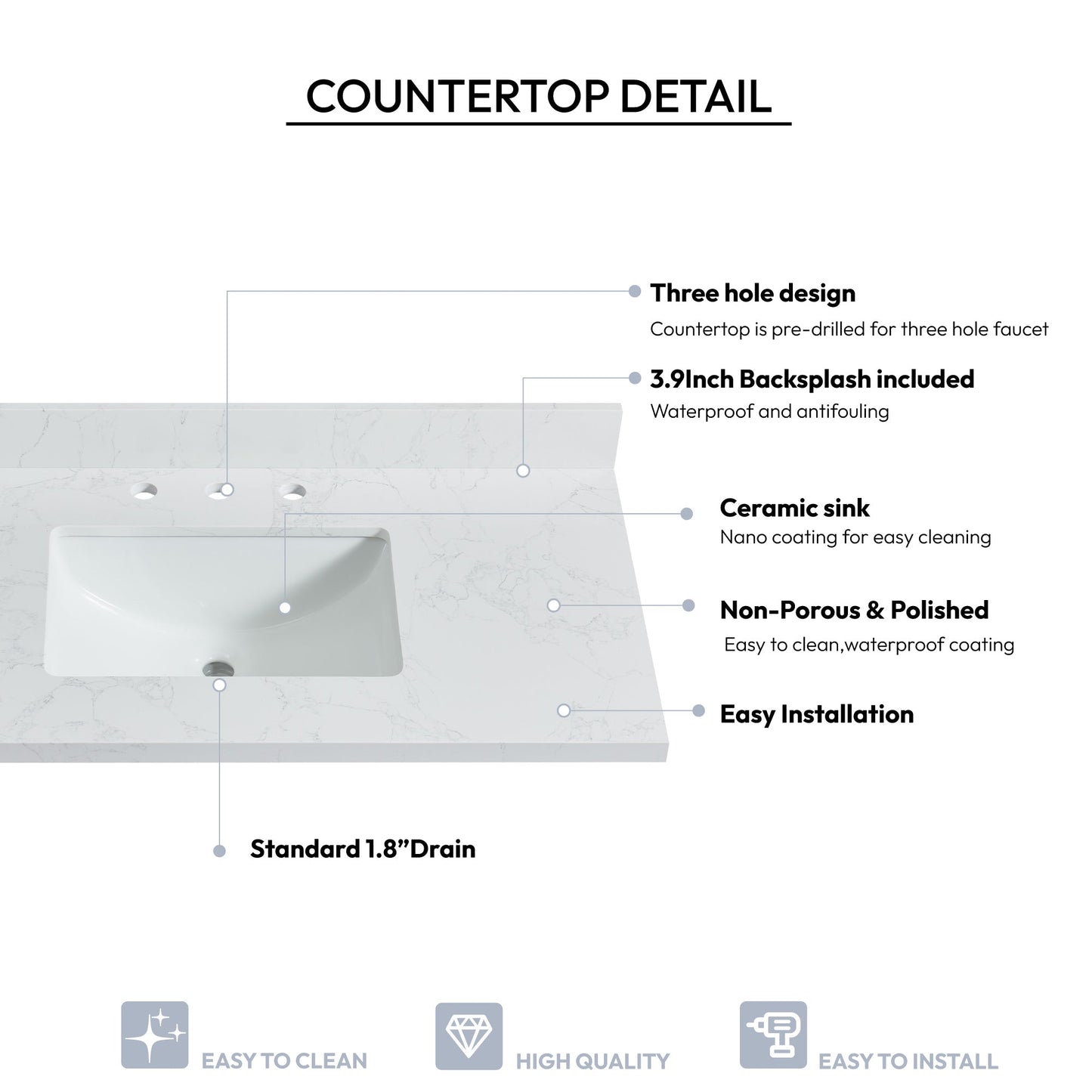Vinnova, Jaen 43 in. W x 22 in. D Composite Stone Vanity Top in Grain White with White Rectangular Single Sink