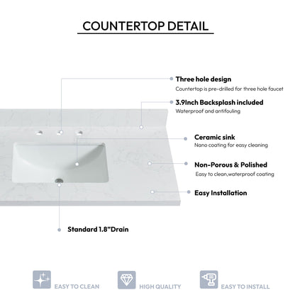 Vinnova, Jaen 43 in. W x 22 in. D Composite Stone Vanity Top in Grain White with White Rectangular Single Sink