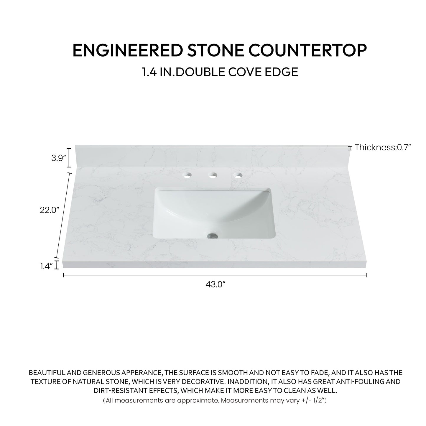 Vinnova, Jaen 43 in. W x 22 in. D Composite Stone Vanity Top in Grain White with White Rectangular Single Sink