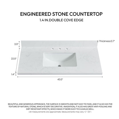 Vinnova, Jaen 43 in. W x 22 in. D Composite Stone Vanity Top in Grain White with White Rectangular Single Sink