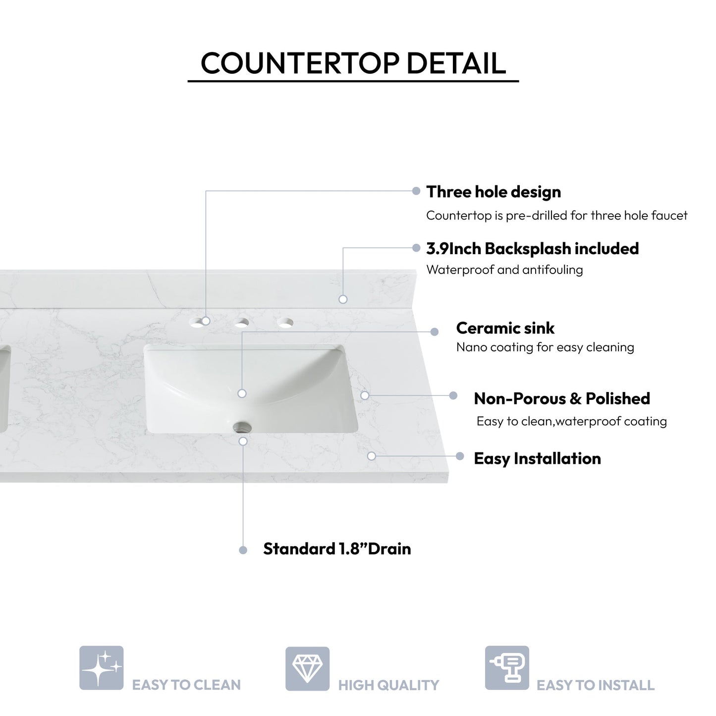 Vinnova, Jaen 61 in. W x 22 in. D Composite Stone Vanity Top in Grain White with White Rectangular Double Sink