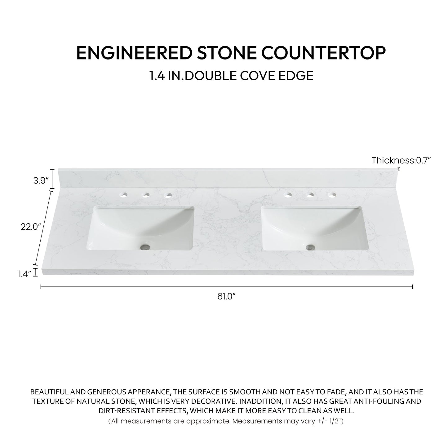 Vinnova, Jaen 61 in. W x 22 in. D Composite Stone Vanity Top in Grain White with White Rectangular Double Sink