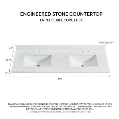 Vinnova, Jaen 61 in. W x 22 in. D Composite Stone Vanity Top in Grain White with White Rectangular Double Sink
