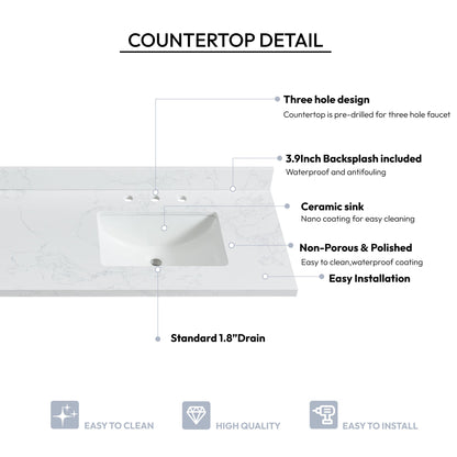 Vinnova, Jaen 73 in. W x 22 in. D Composite Stone Vanity Top in Grain White with White Rectangular Double Sink