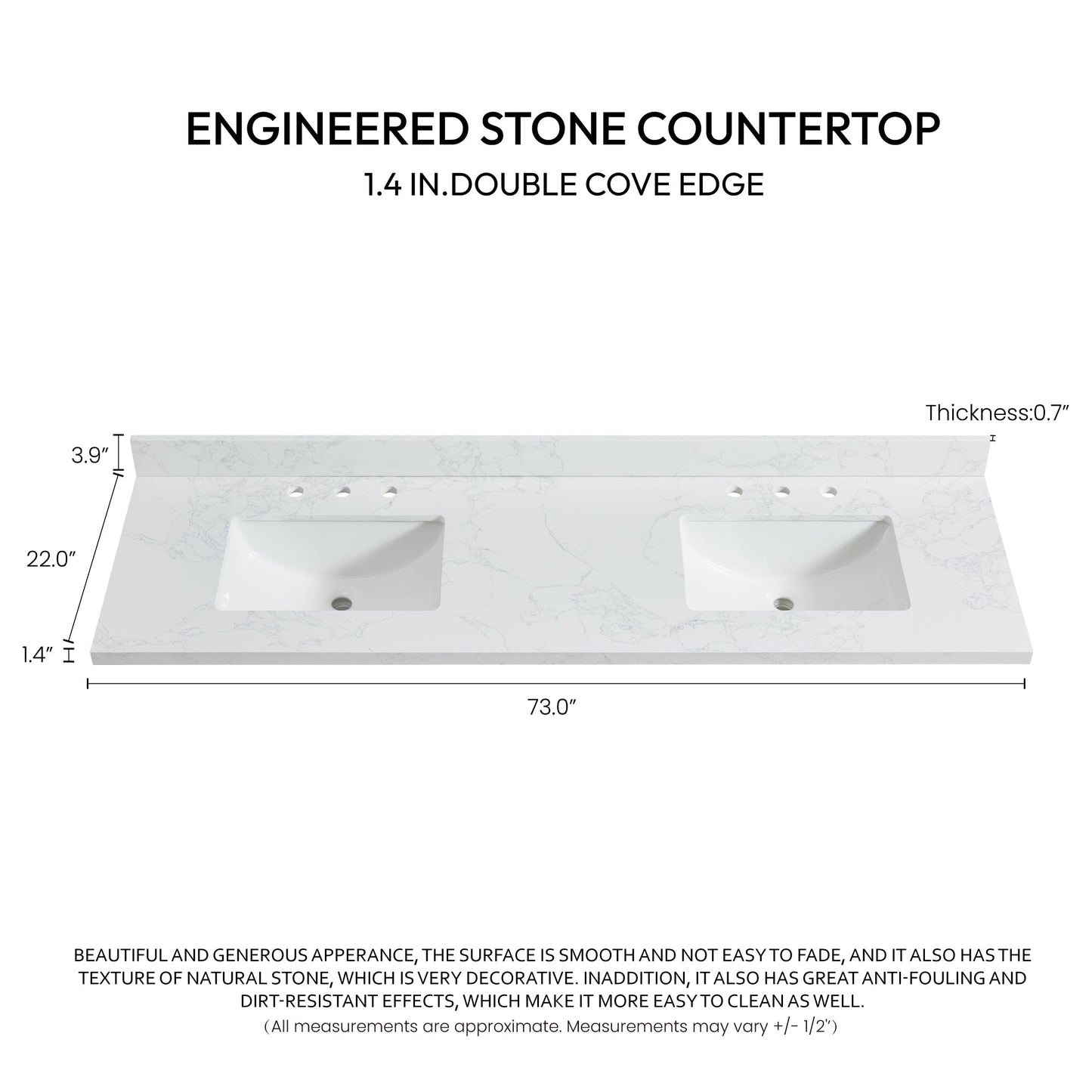 Vinnova, Jaen 73 in. W x 22 in. D Composite Stone Vanity Top in Grain White with White Rectangular Double Sink