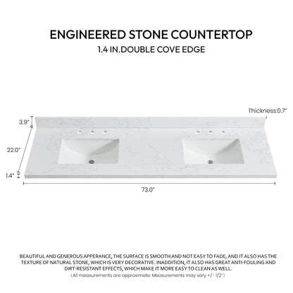 Vinnova, Jaen 73 in. W x 22 in. D Composite Stone Vanity Top in Grain White with White Rectangular Double Sink