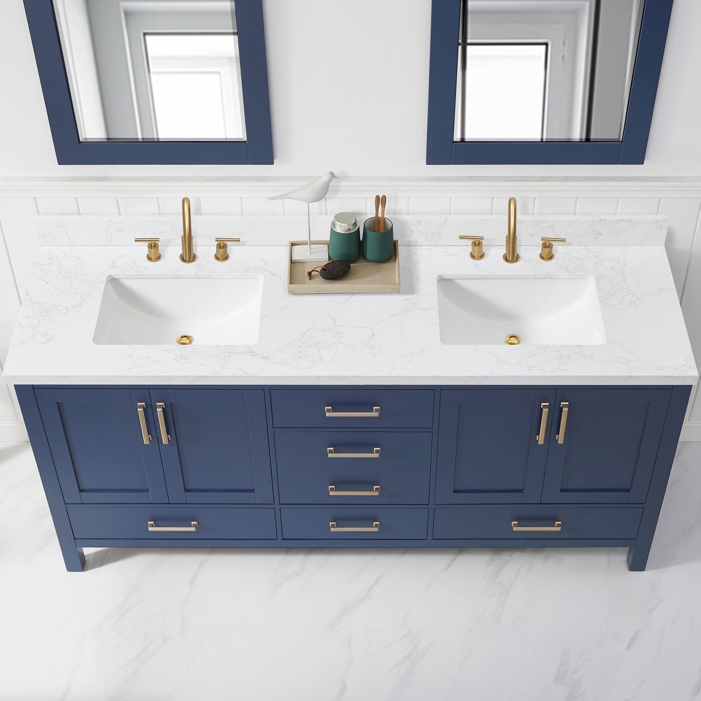 Vinnova, Jaen 73 in. W x 22 in. D Composite Stone Vanity Top in Grain White with White Rectangular Double Sink