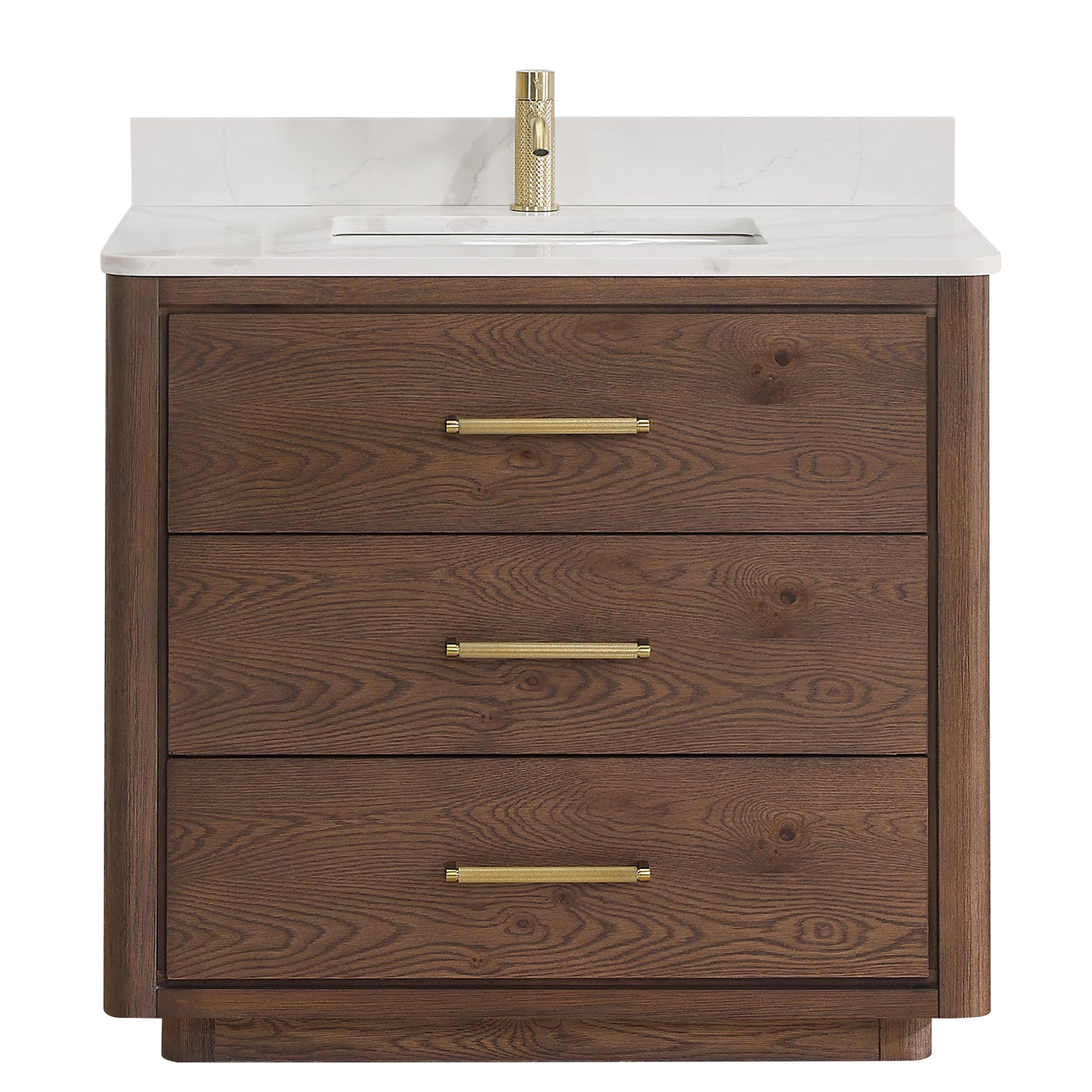 Vinnova, Porto 36" Free-standing Single Bath Vanity in Aged Dark Brown Oak with Fish Maw White Quartz Stone Top
