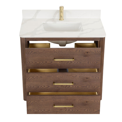 Vinnova, Porto 36" Free-standing Single Bath Vanity in Aged Dark Brown Oak with Fish Maw White Quartz Stone Top