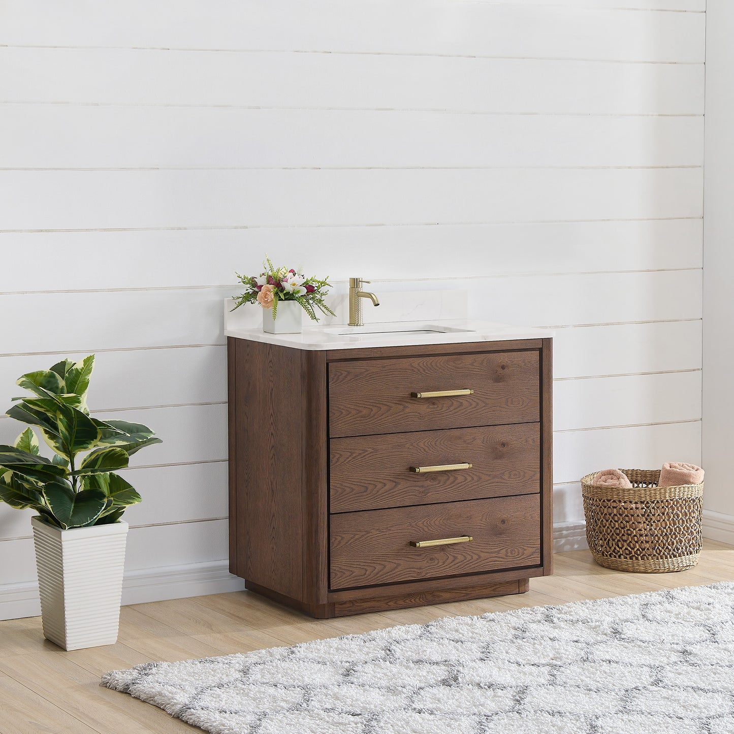 Vinnova, Porto 36" Free-standing Single Bath Vanity in Aged Dark Brown Oak with Fish Maw White Quartz Stone Top