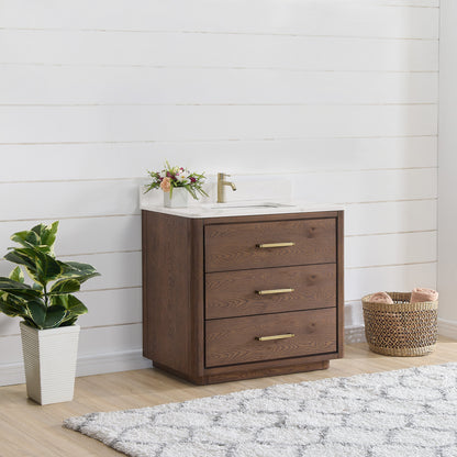 Vinnova, Porto 36" Free-standing Single Bath Vanity in Aged Dark Brown Oak with Fish Maw White Quartz Stone Top