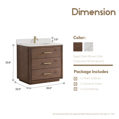 Vinnova, Porto 36" Free-standing Single Bath Vanity in Aged Dark Brown Oak with Fish Maw White Quartz Stone Top
