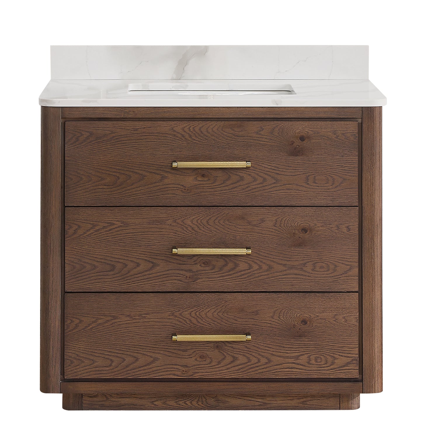 Vinnova, Porto 36" Free-standing Single Bath Vanity in Aged Dark Brown Oak with Fish Maw White Quartz Stone Top