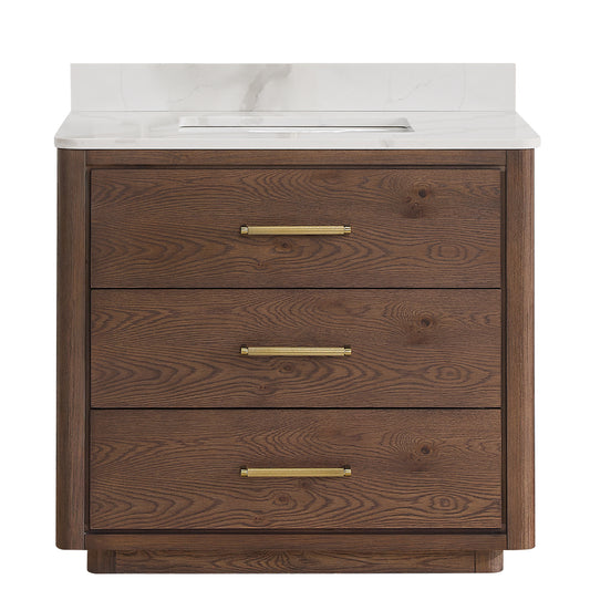 Vinnova, Porto 36" Free-standing Single Bath Vanity in Aged Dark Brown Oak with Fish Maw White Quartz Stone Top