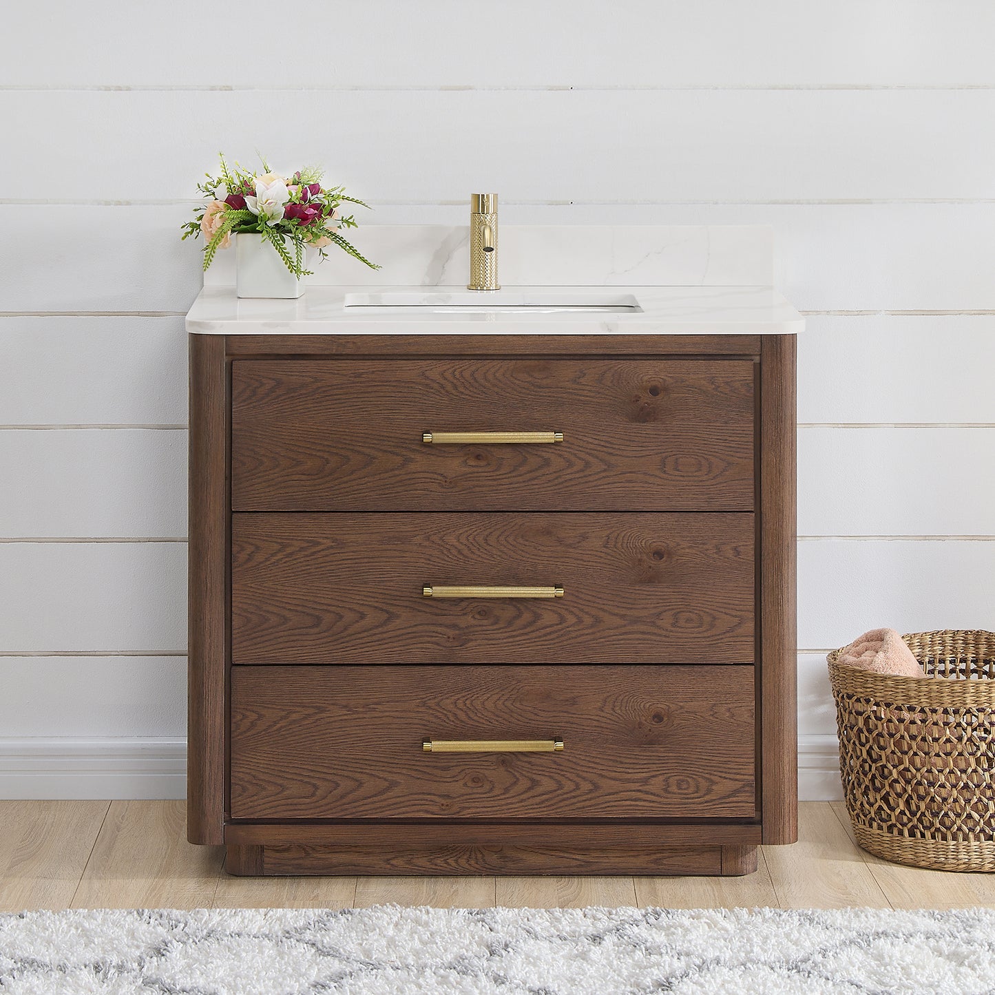 Vinnova, Porto 36" Free-standing Single Bath Vanity in Aged Dark Brown Oak with Fish Maw White Quartz Stone Top