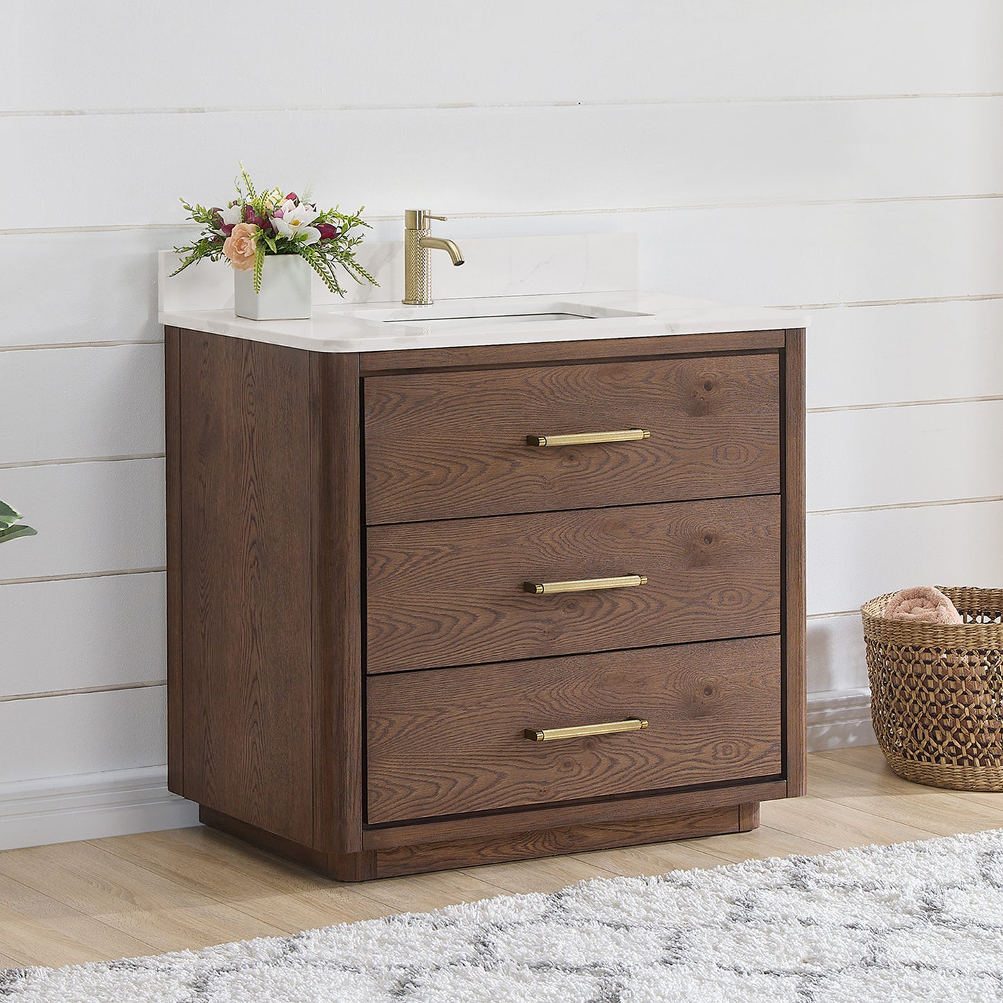 Vinnova, Porto 36" Free-standing Single Bath Vanity in Aged Dark Brown Oak with Fish Maw White Quartz Stone Top