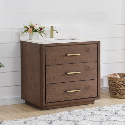 Vinnova, Porto 36" Free-standing Single Bath Vanity in Aged Dark Brown Oak with Fish Maw White Quartz Stone Top