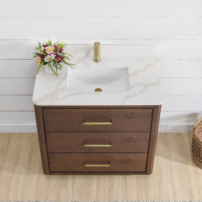 Vinnova, Porto 36" Free-standing Single Bath Vanity in Aged Dark Brown Oak with Fish Maw White Quartz Stone Top