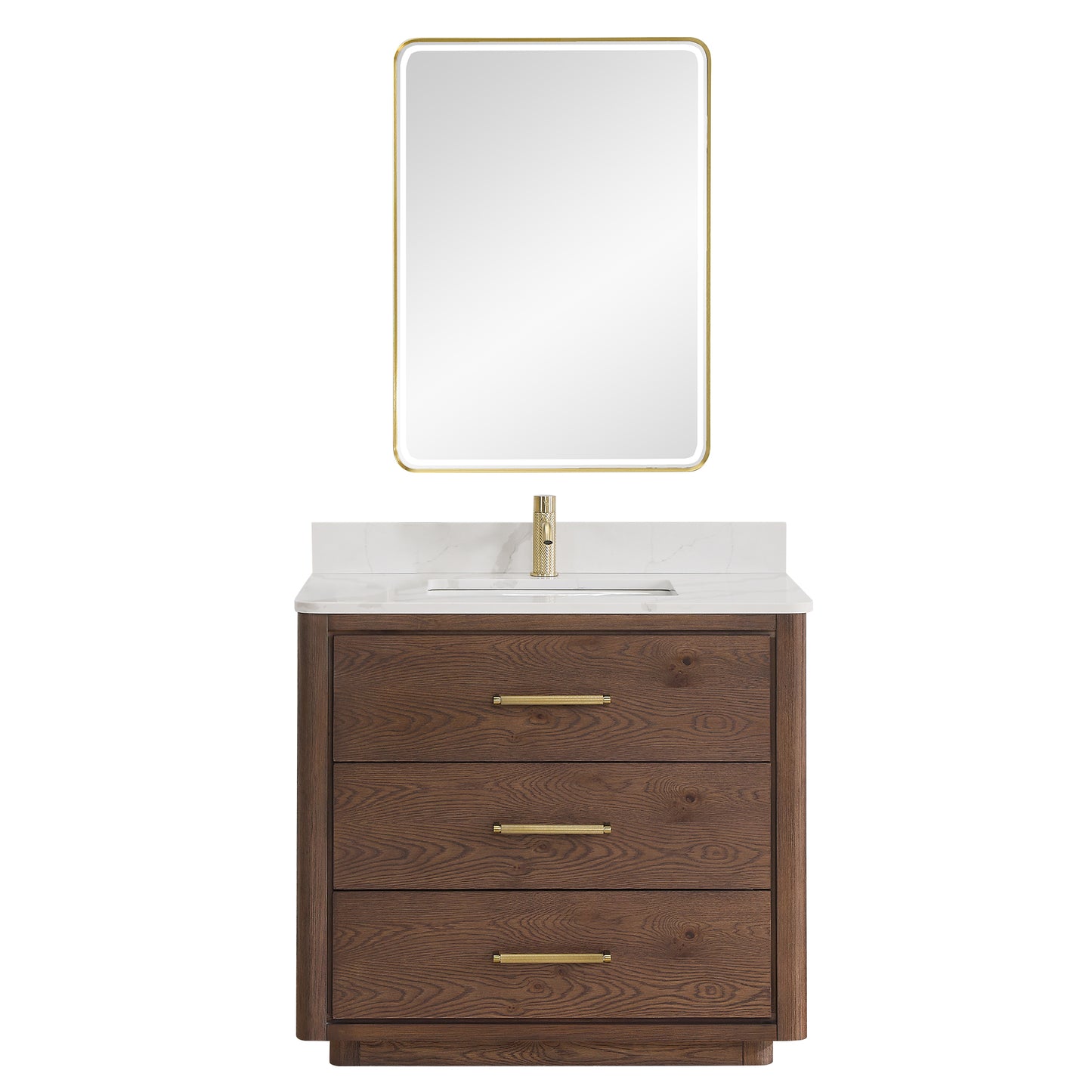Vinnova, Porto 36" Free-standing Single Bath Vanity in Aged Dark Brown Oak with Fish Maw White Quartz Stone Top and Mirror