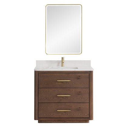 Vinnova, Porto 36" Free-standing Single Bath Vanity in Aged Dark Brown Oak with Fish Maw White Quartz Stone Top and Mirror