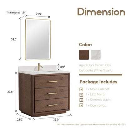 Vinnova, Porto 36" Free-standing Single Bath Vanity in Aged Dark Brown Oak with Fish Maw White Quartz Stone Top and Mirror