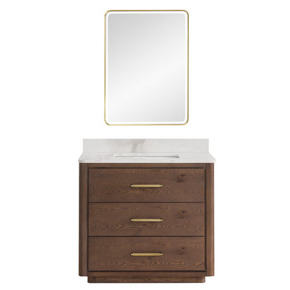 Vinnova, Porto 36" Free-standing Single Bath Vanity in Aged Dark Brown Oak with Fish Maw White Quartz Stone Top and Mirror