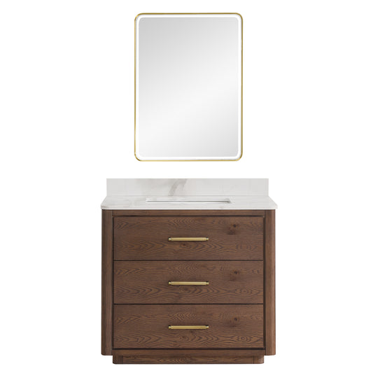 Vinnova, Porto 36" Free-standing Single Bath Vanity in Aged Dark Brown Oak with Fish Maw White Quartz Stone Top and Mirror
